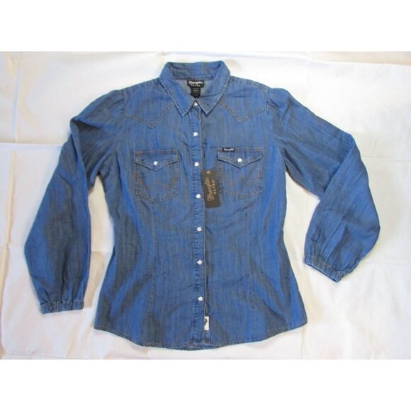 Wrangler Retro Women's Poet Sleeve Pearl Snap Denim Western Shirt - Picture 2 of 4